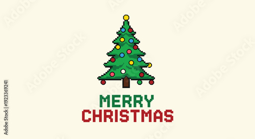 Decorative pixel art christmas tree with colorful lights on a light cream background, including a classic merry christmas greeting.