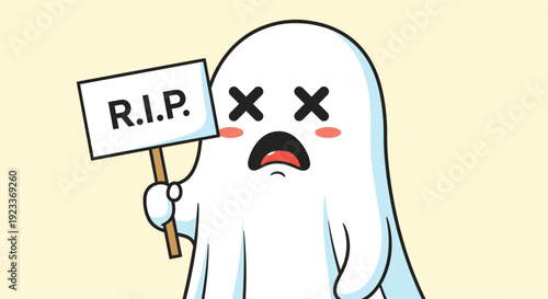 Sad little ghost holding a wooden sign with rip written on it, creating a humorous yet spooky character for halloween celebrations.