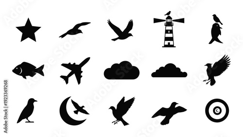 A collection of 16 black silhouettes on a white background isolated on white background, Vector