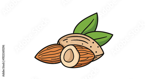 Group of almonds with one cut in half to show the internal texture, accompanied by fresh green leaves on a clean white background.