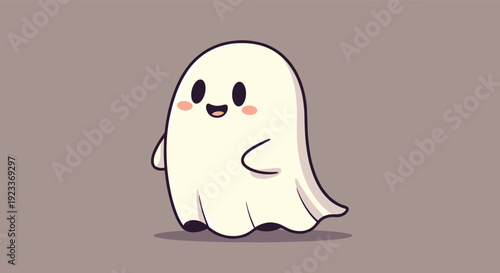Simple and cute friendly ghost character floating on a neutral background, perfect for minimalist halloween decor and illustrations.