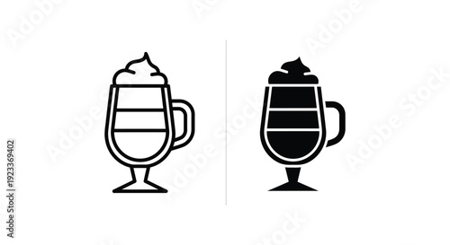 Minimalist coffee icons featuring a layered latte macchiato with whipped cream in outline and solid styles for cafe menus and branding