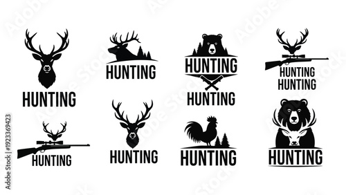 Collection of black hunting logos and silhouettes isolated on white background, Vector