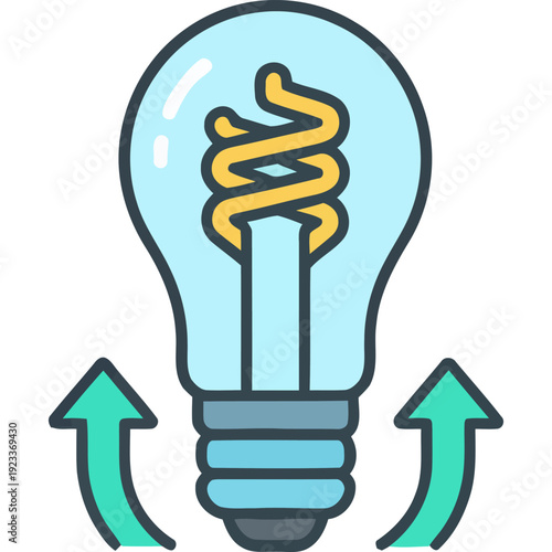 Illustration of a light bulb with glowing filament and rising arrows indicating creativity and innovation