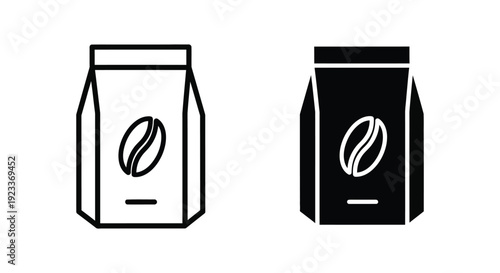 Minimalist coffee bean bag icons in outline and solid silhouette styles for cafe branding and product packaging design