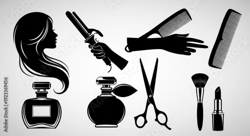 Collection of beauty and hair salon tools and accessories.