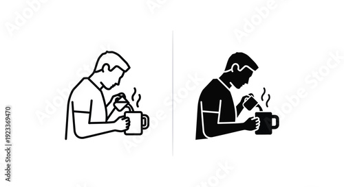 Minimalist vector icon set of a man preparing a hot morning coffee by pouring milk into a steaming mug, ideal for cafe branding, breakfast menus, and lifestyle design projects.