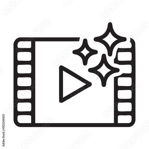 A video film strip with a play button and sparkles, symbolizing media entertainment, from a straightforward front view