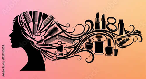 Silhouette of a womans head with hair made of beauty products and tools.