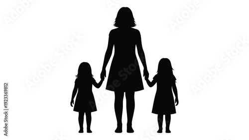 A woman and two little girls holding hands isolated on white background, Vector