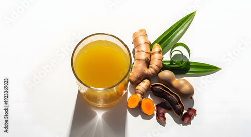 Traditional Indonesian jamu kunyit asam herbal drink with fresh turmeric, tamarind, and pandan leaves on white background with dramatic shadow.