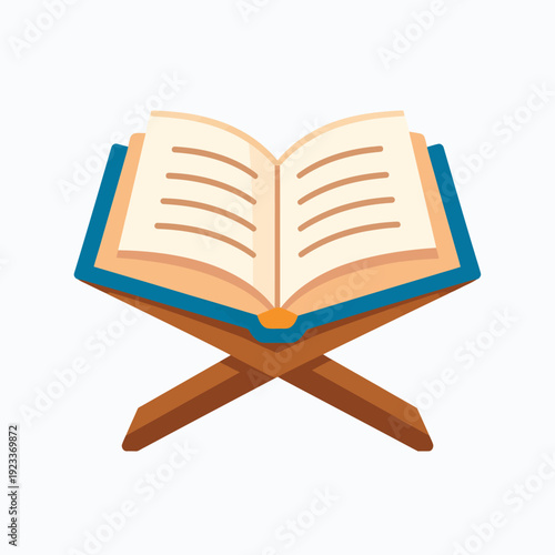 Open Holy Quran Book on Wooden Stand.