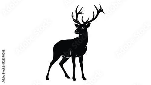 A black silhouette of a deer with antlers isolated on white background, Vector