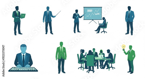 Business professionals in various work situations and meetings.