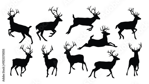 A group of black deer silhouettes running and jumping isolated on white background, Vector