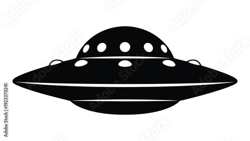 A black and white image of a flying saucer isolated on white background, Vector