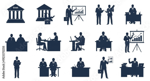 Business meeting and presentation icons silhouette set.