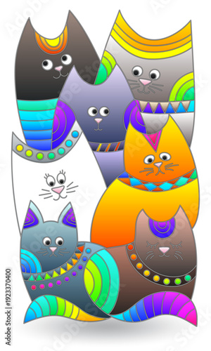 Set of stained glass illustrations with abstract cats, animals isolated on a white background