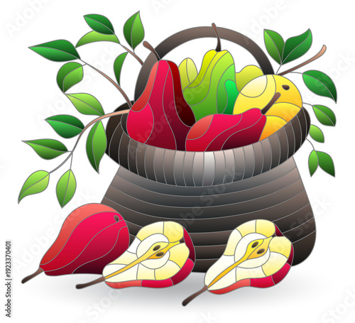 Set of stained glass illustrations with still lifes, baskets with pears on a table isolated on a white background