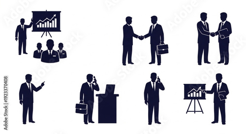 Business meeting and presentation silhouettes collection.