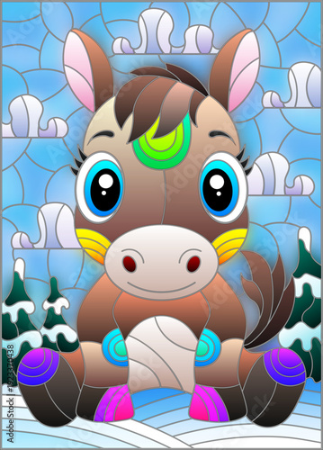 Illustration in the style of a stained glass window with a cute horse on the background of a winter landscape