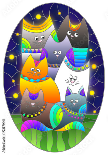 Illustration in the style of a stained glass window with bright cats on the background of the night sky with the moon and stars