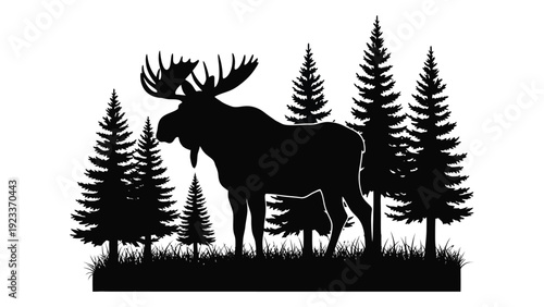 A moose silhouette stands among pine trees isolated on white background, Vector