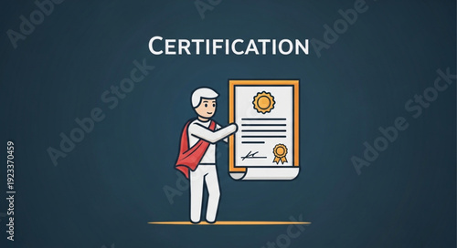 Man holding a certification document with a red backpack.