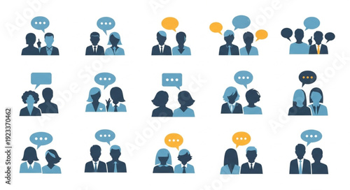 Collection of communication icons depicting people talking.