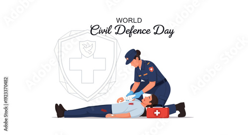 Emergency responder providing first aid to a person on World Civil Defence Day, emphasizing disaster preparedness and public safety.