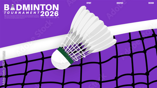 Badminton Tournament 2026 Poster Template with Shuttlecock and Net on Purple Background, vector illustration eps 10