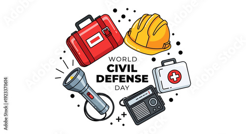 World Civil Defense Day themed illustration with emergency equipment and icons for disaster preparedness and public safety awareness.