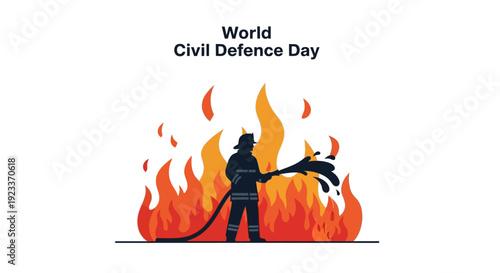 Firefighter battling flames on World Civil Defence Day, symbolizing disaster preparedness and public safety awareness.