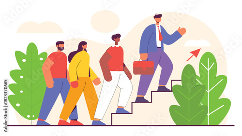 Business leader guiding diverse team members up a staircase towards success, with an upward arrow and green plants.