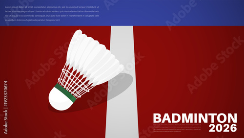 Badminton shuttlecock on red court background with 2026 text for tournament, vector illustration eps 10