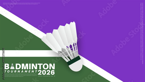 Badminton Tournament 2026 Poster with Shuttlecock on Purple and Green Court, Vector illustration EPS 10