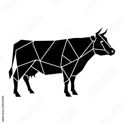Geometric Black Cow Silhouette, Polygonal Art Style, Isolated