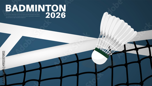 Modern Badminton 2026 Vector Illustration with Shuttlecock and Net on Blue Background, vector illustration eps 10