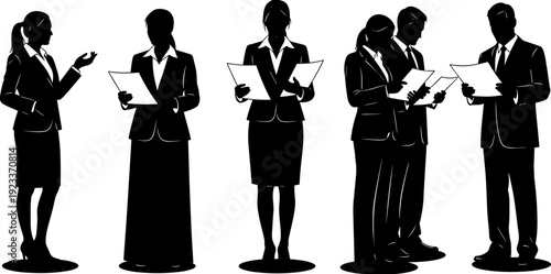Silhouettes of professional business people in suits holding documents and communicating in a formal corporate office environment for teamwork concept.