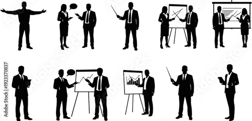 Business people presentation silhouette vector set with professional corporate characters using flipcharts, analyzing data charts, and giving office speeches,