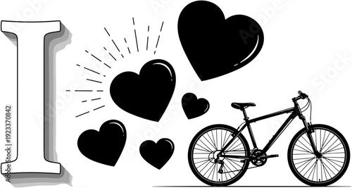 Creative vector illustration with typography letter I heart shape and mountain bike silhouette for cycling lovers or bike club theme,
