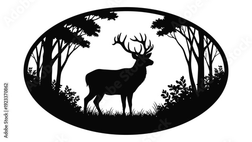 A deer with large antlers standing in a forest isolated on white background, Vector