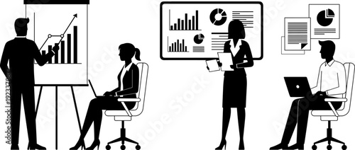 Professional business presentation silhouette with corporate team analyzing financial data charts on flipchart and digital screen in office setting,