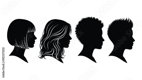 Four black silhouettes of people's heads in profile isolated on white background, Vector