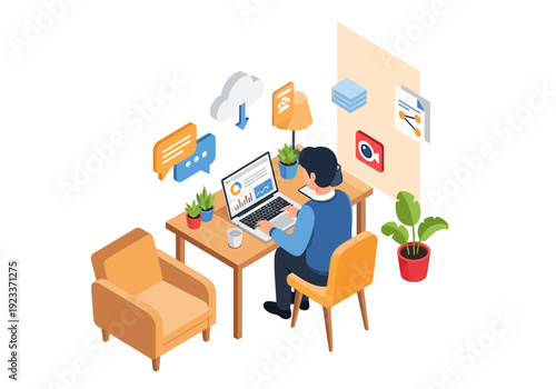 Digital nomad working on laptop from a comfortable home office setup with cloud storage and communication icons