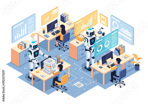 Futuristic office automation with robots assisting humans in their daily tasks, showcasing technological advancements in the workplace
