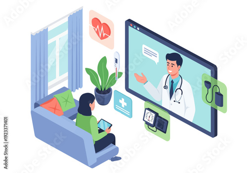 Online consultation with doctor via video call on tablet and computer screen, remote healthcare concept