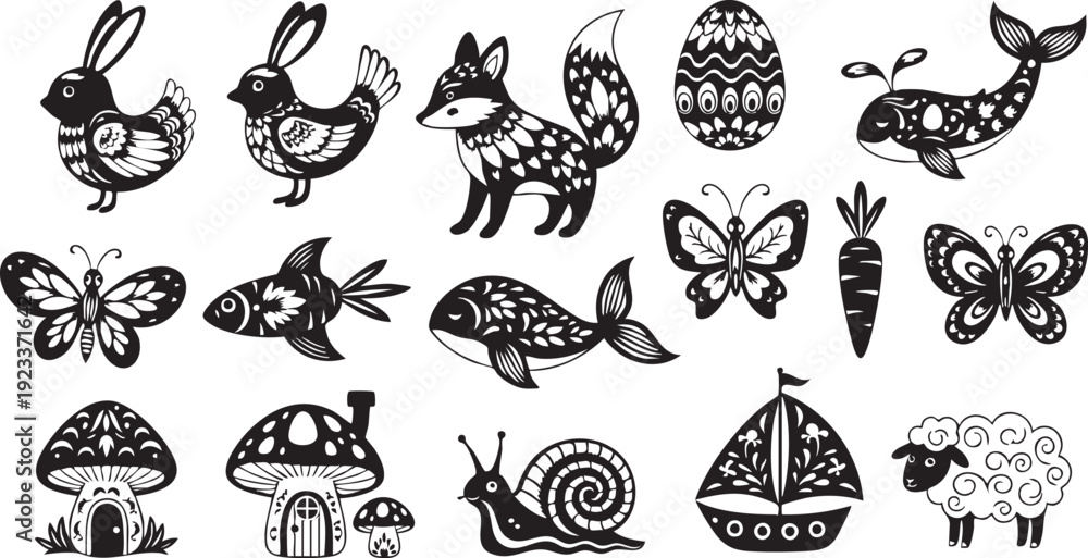 Fototapeta premium Black and white of animals, plants, and in various patterns