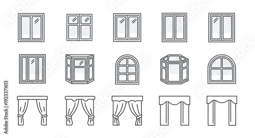 Collection of hand drawn window designs and curtain styles.