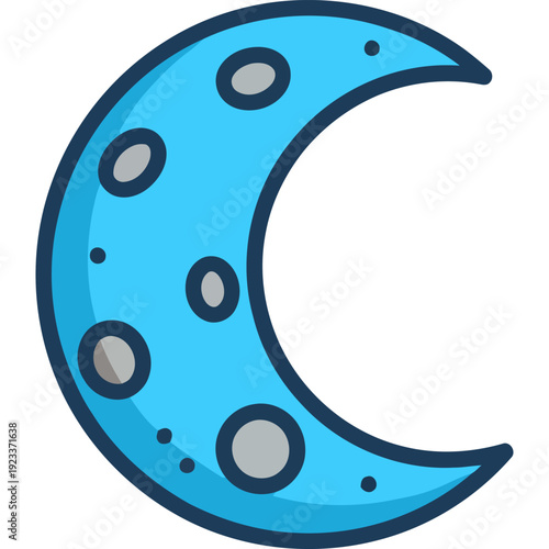 A blue crescent moon with gray spots is shown in a cartoon style illustration.